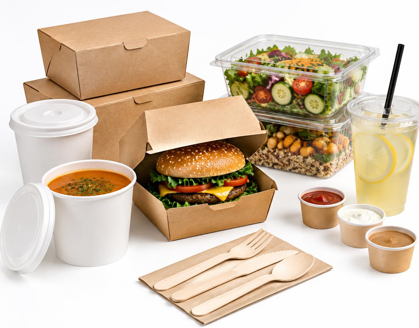 Kraft food boxes, takeaway containers, soup cups, burger packs, ramekins and wooden cutlery supplied by TES